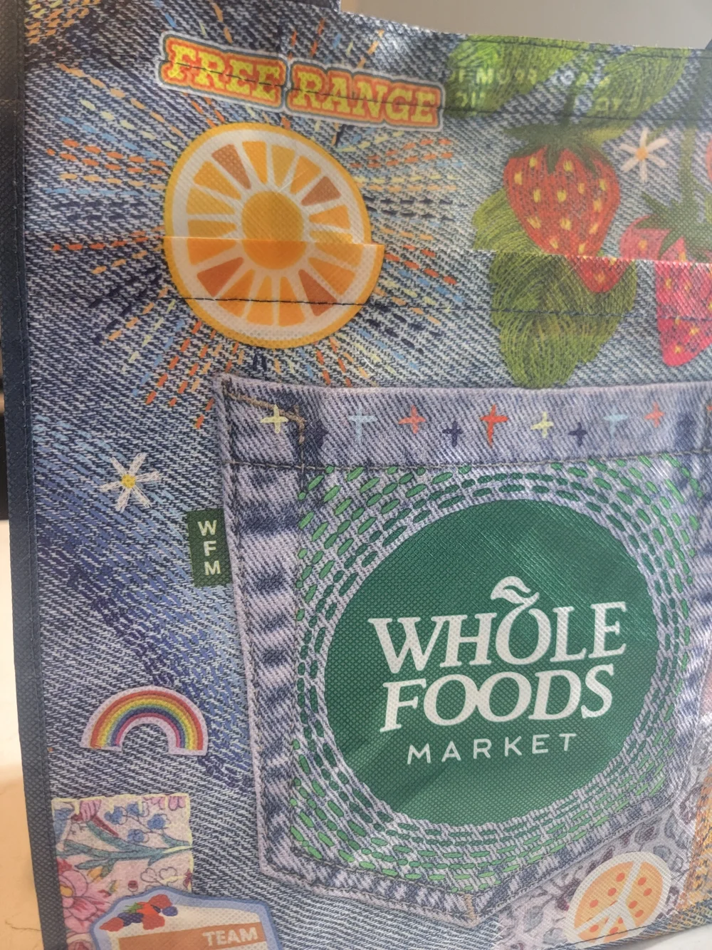 Whole Foods Denim Print Reusable Market Tote Bag Sustainable Grocery Carryall